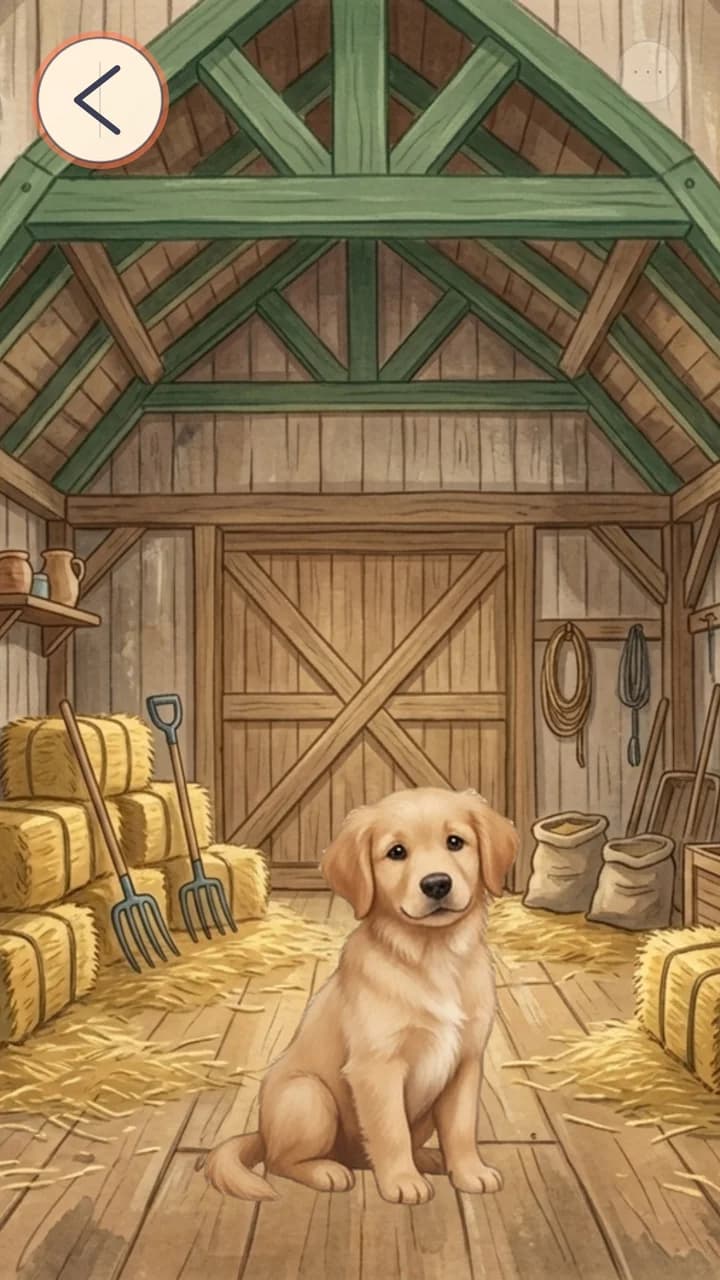 A dog inside the barn.