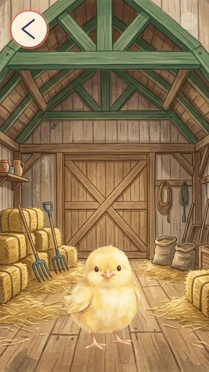 A chick inside the barn.