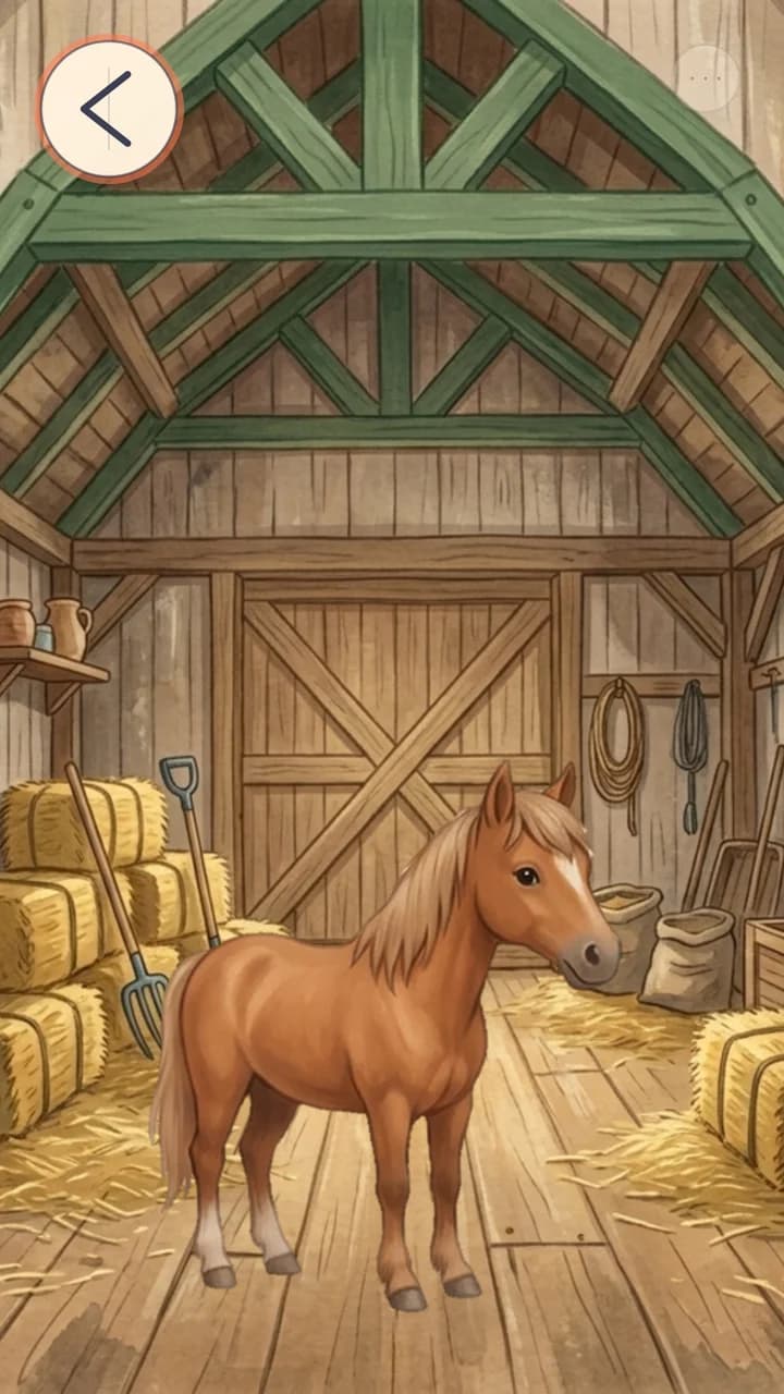 A horse inside the barn.