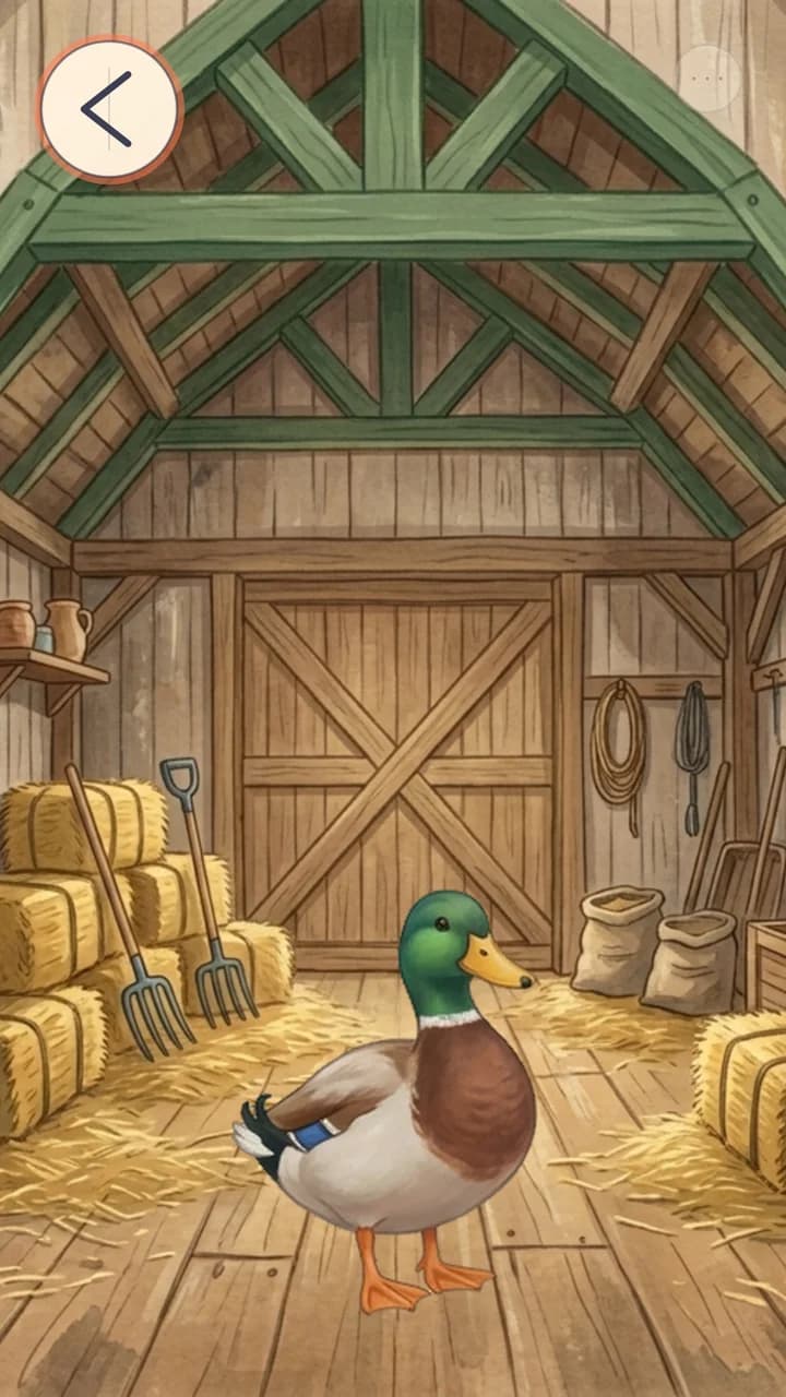 A duck inside the barn.