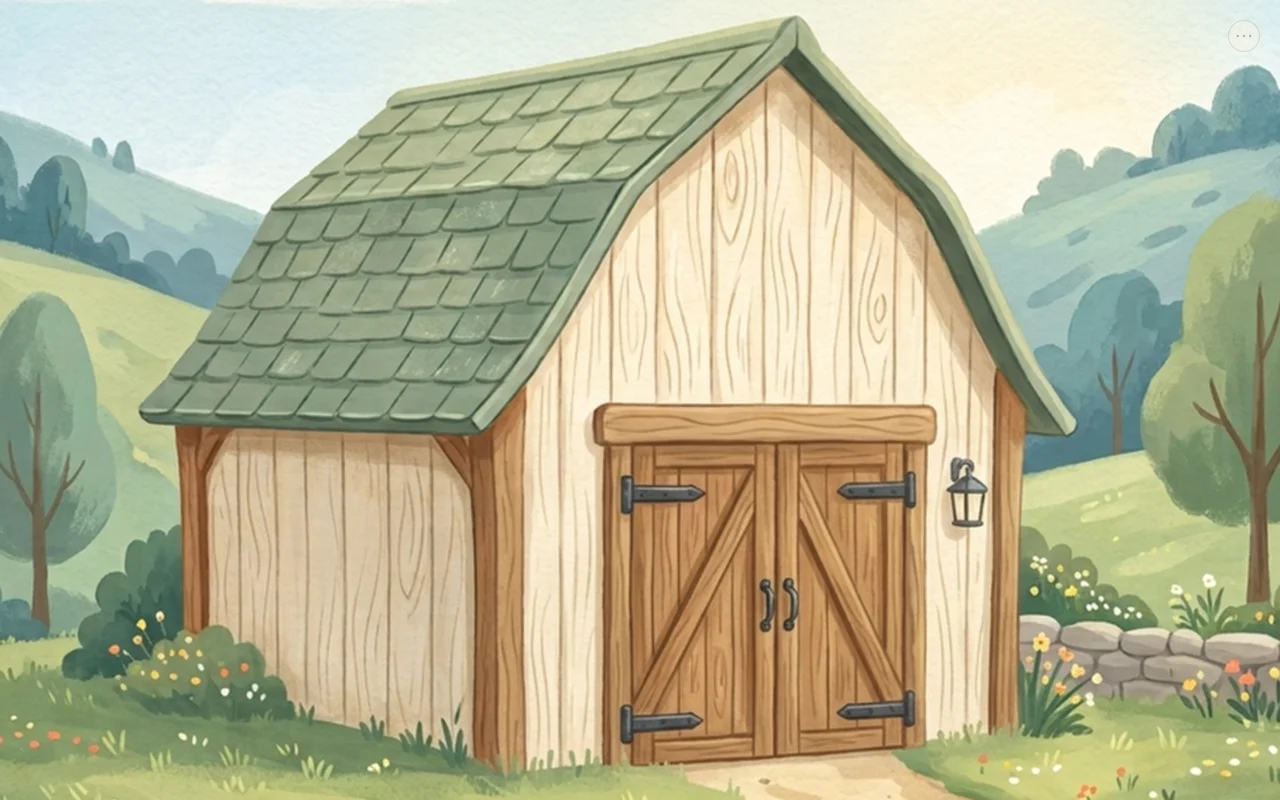 The barn on a tablet, doors closed.