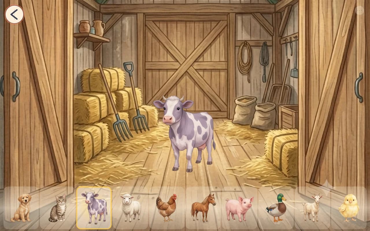 A cow inside the barn, with a row of animals along the bottom.