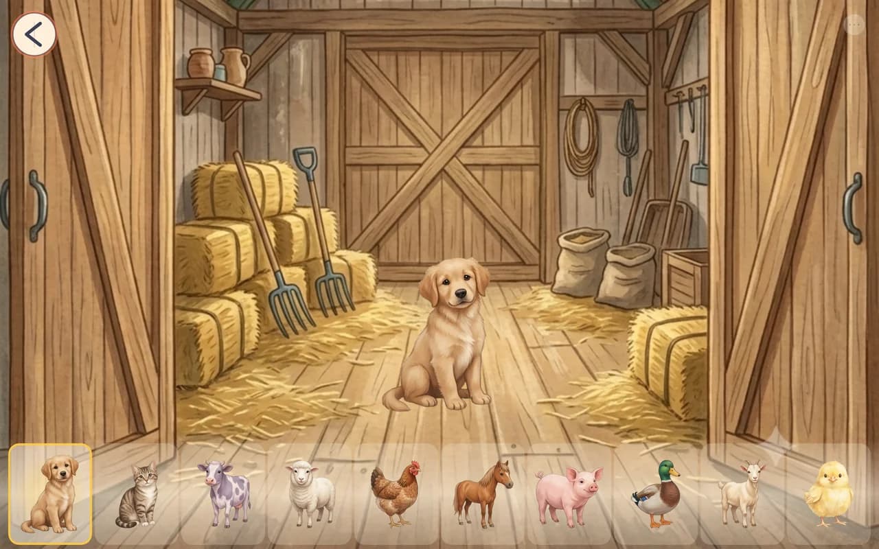 A dog inside the barn, with a row of animals along the bottom.