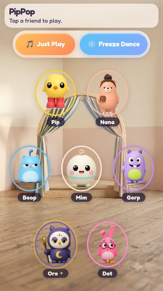 The seven friends on the pad, with Just Play and Freeze Dance.